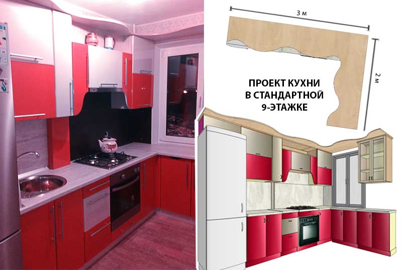 Угловая кухня. Красная кухня. Кухня в стандартной девятиэтажке