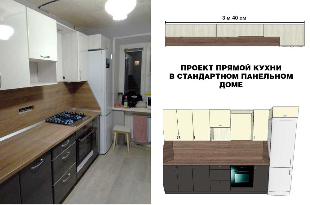 Прямой кухонный гарнитур с фасадами белого серого цвета