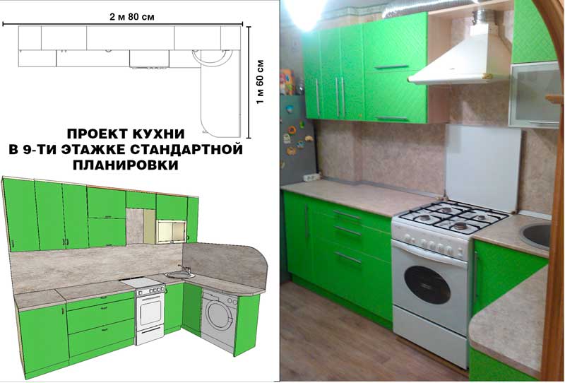 Угловая кухня с зелеными фасадами в панельном доме стандарртной планировки